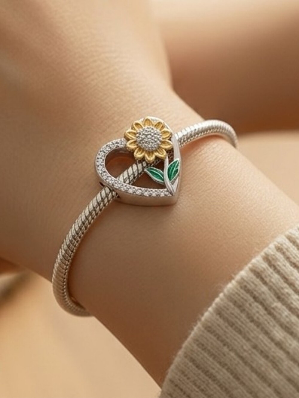 Sunflower Heart Charm S925 Sterling Silver Rhinestone Slide-On Bracelet Pendant